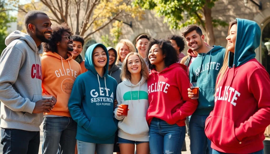 Stilingi personalizuoti džemperiai rodomi gyvoje lauko aplinkoje su įvairių žmonių grupėmis.