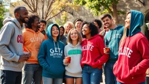 Stilingi personalizuoti džemperiai rodomi gyvoje lauko aplinkoje su įvairių žmonių grupėmis.