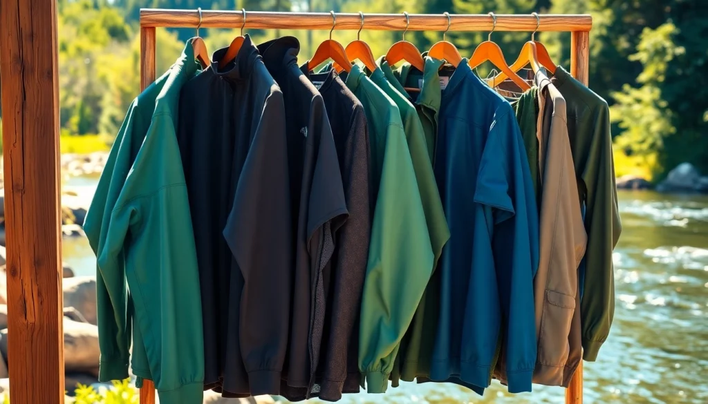 Showcase of stylish fly fishing apparel in an outdoor setting, emphasizing functionality and adventure.