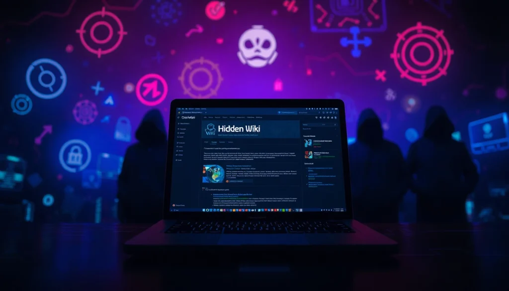 The hidden wiki dark web showcased with a laptop screen, cryptic symbols, and shadowy figures creating an intriguing atmosphere of digital secrecy.