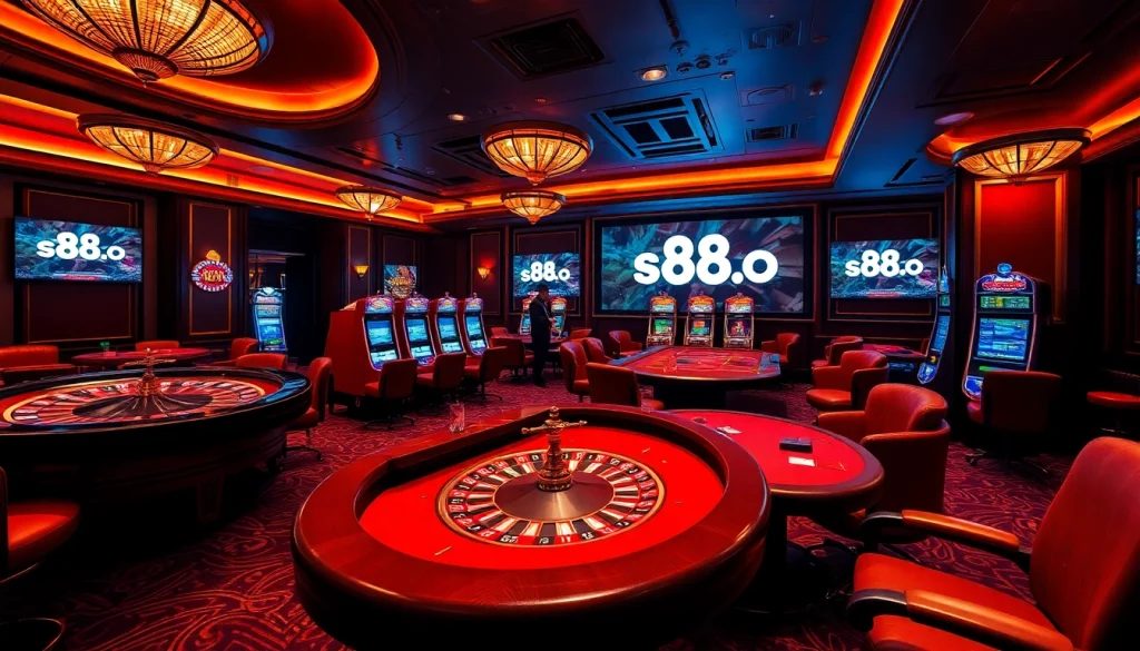 S88A.io casino scene showcasing poker and roulette action in a luxurious atmosphere.