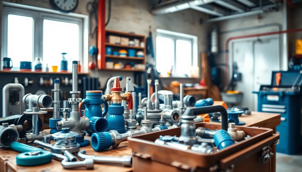 Showcase Wholesale Plumbing Parts for Contractors in a professional workshop with various tools and supplies.