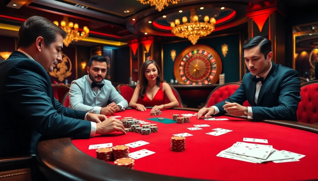 Engaging players at a luxurious poker table in the 98win casino, showcasing high-stakes gaming excitement.
