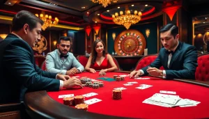 Engaging players at a luxurious poker table in the 98win casino, showcasing high-stakes gaming excitement.