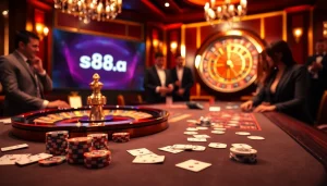 Place bets at s88a.io while enjoying an exciting casino atmosphere with poker chips and cards.