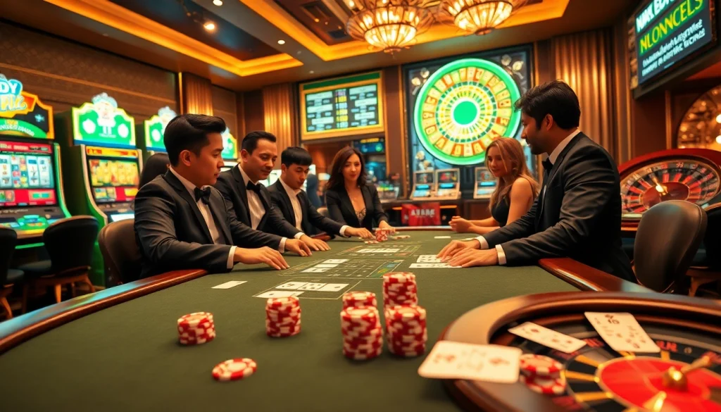 Experience the thrill of tỷ lệ nhà cái at a luxurious casino with poker players and vibrant slot machines.
