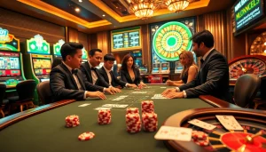 Experience the thrill of tỷ lệ nhà cái at a luxurious casino with poker players and vibrant slot machines.