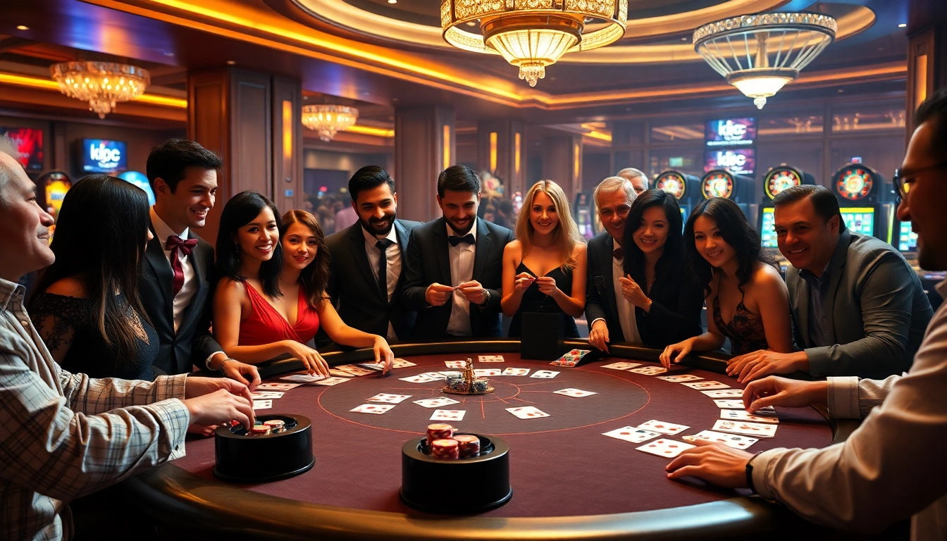 A lively casino table scene showcasing players with 'kjc' branding elements, featuring poker chips and cards.