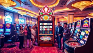 Pemain berinteraksi dengan mesin slot demo Mahjong yang berwarna-warni di lingkungan kasino mewah.