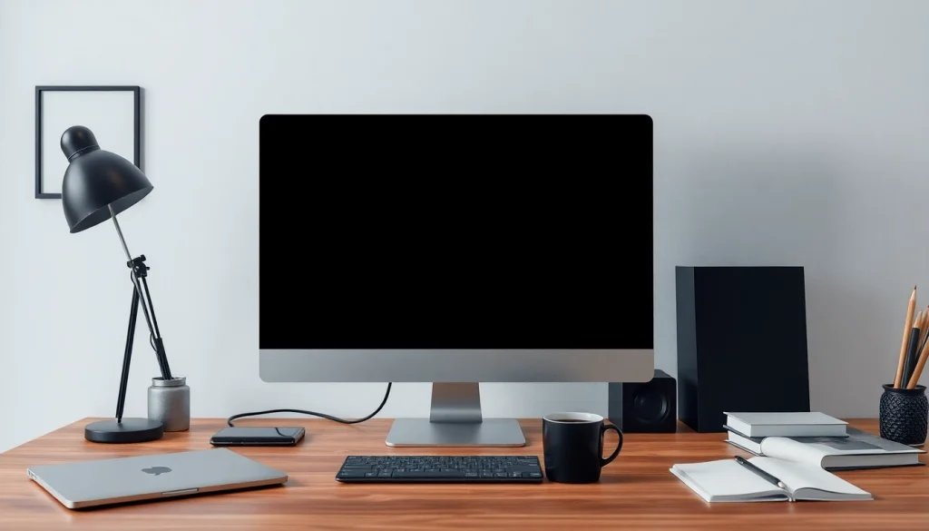 A professional workspace with a full black screen on a computer monitor, emphasizing minimalism and focus.
