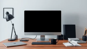 A professional workspace with a full black screen on a computer monitor, emphasizing minimalism and focus.