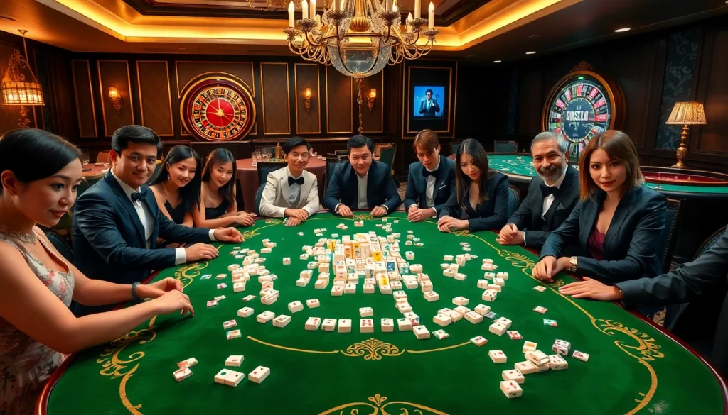 Players engage in link mahjong at a luxurious casino table, combining excitement and strategy.