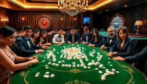 Players engage in link mahjong at a luxurious casino table, combining excitement and strategy.