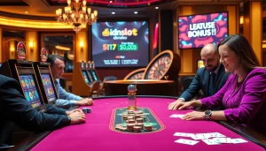 Players enjoying Idnslot gaming table with vibrant slot machines and poker chips.