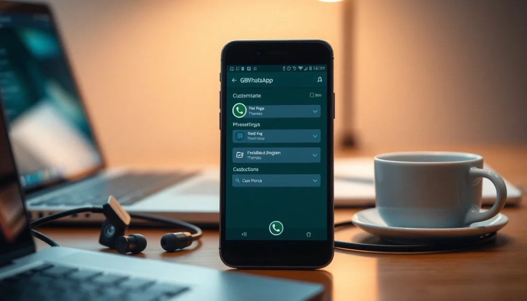 Explore GBWhatsApp features displayed on a modern smartphone in a stylish workspace.