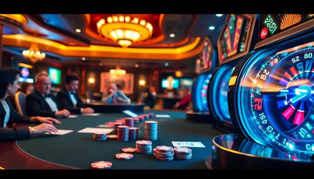A vibrant casino scene featuring players at a poker table, highlighting 79king com's excitement and strategy.
