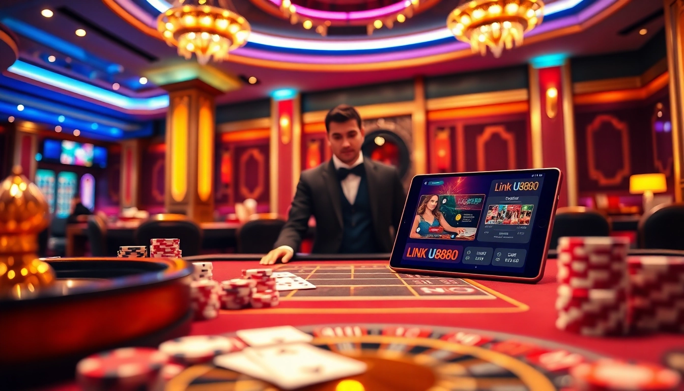 Experience thrilling gameplay at Link U888 with a luxurious casino setup featuring a dealer, poker chips, and a roulette wheel.