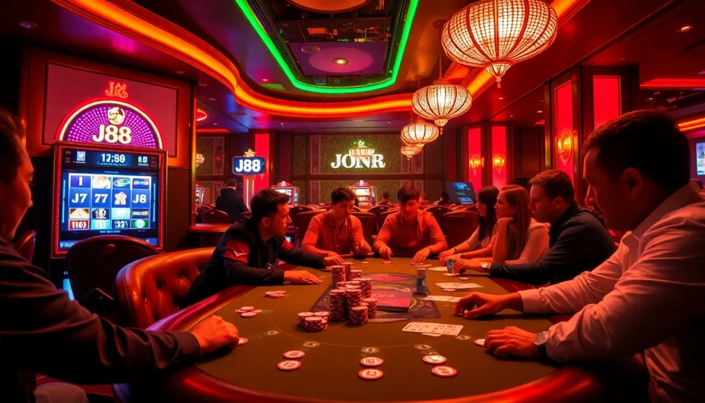 Players engaging at a J88-themed poker table in a vibrant casino atmosphere