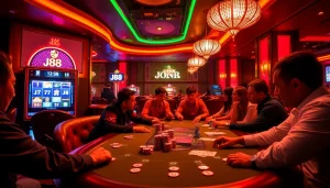 Players engaging at a J88-themed poker table in a vibrant casino atmosphere