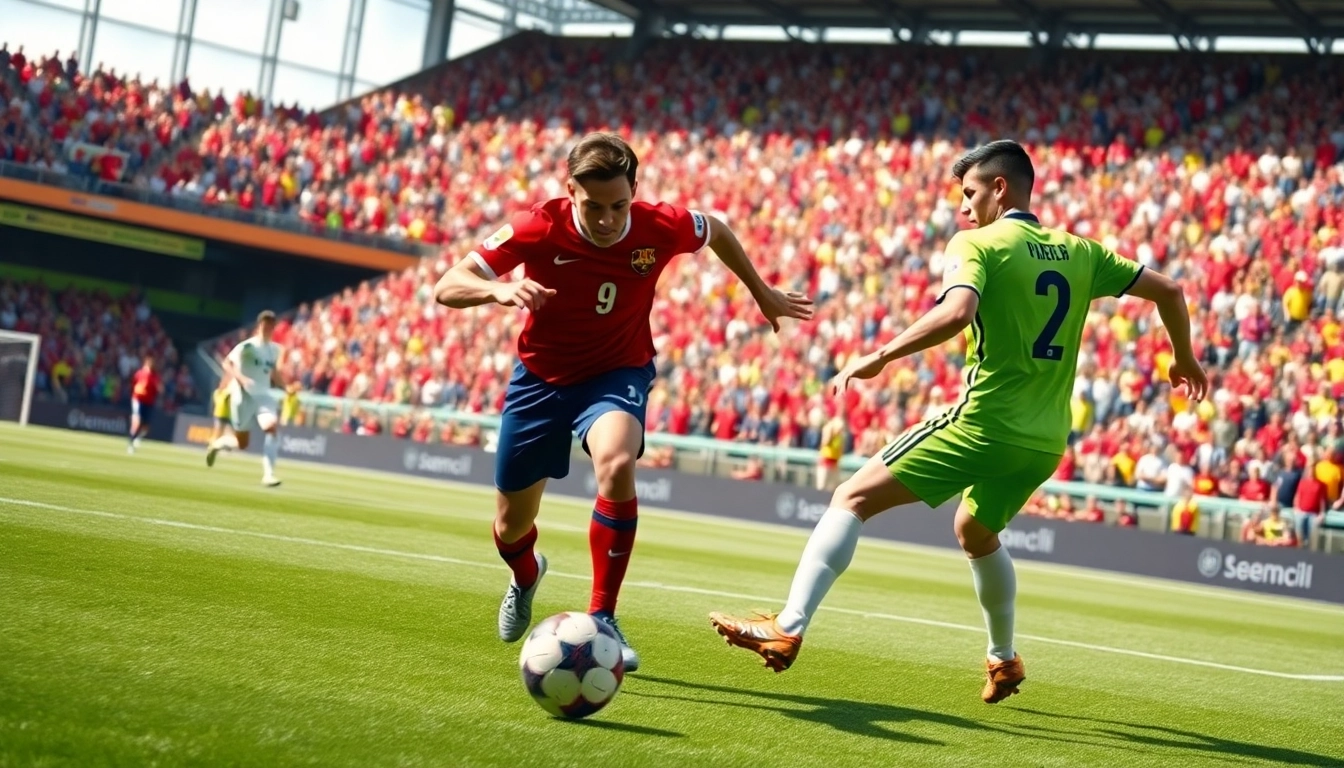 Today’s match highlights featuring energetic soccer players in action, emphasizing บอลวันนี excitement.
