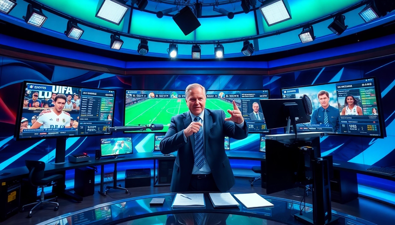 Engaging sports broadcasting scene featuring a lively presenter in a studio, showcasing momentous sports insights.