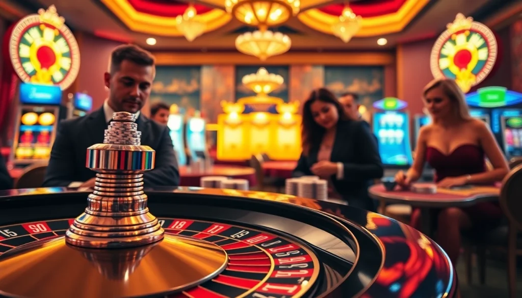 S88 nhà cái delivering an exciting casino experience with roulette, poker chips, and eager players.