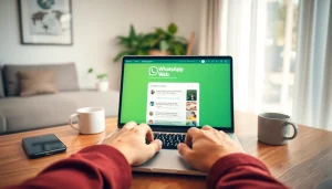 生动的居家办公场景，展示用户使用 WhatsApp Web，凸显现代连接性与工作效率。