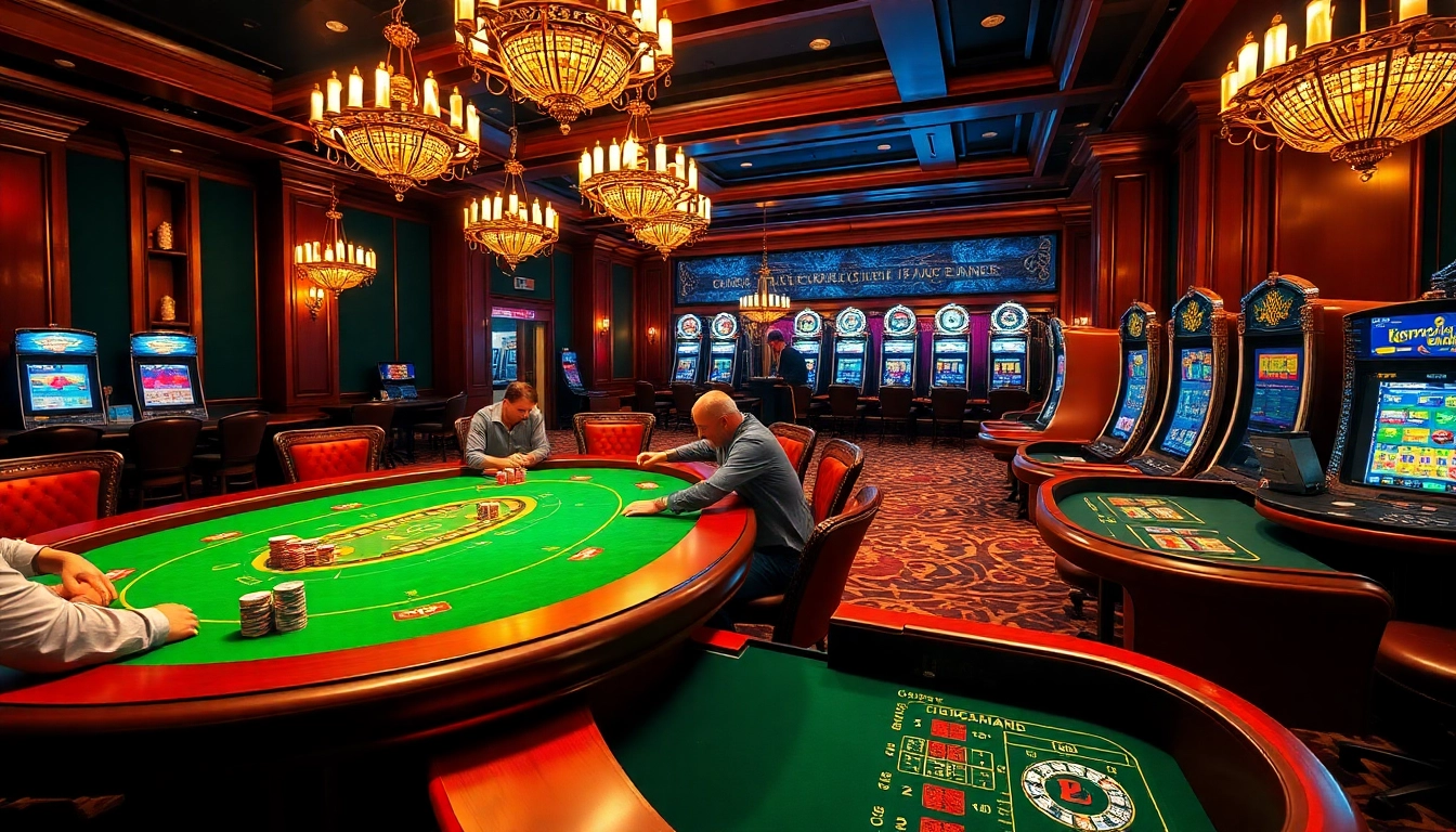 Des joueurs appréciant le poker à enjeux élevés à la meilleure casino en ligne, avec des jetons empilés et une décoration vibrante.