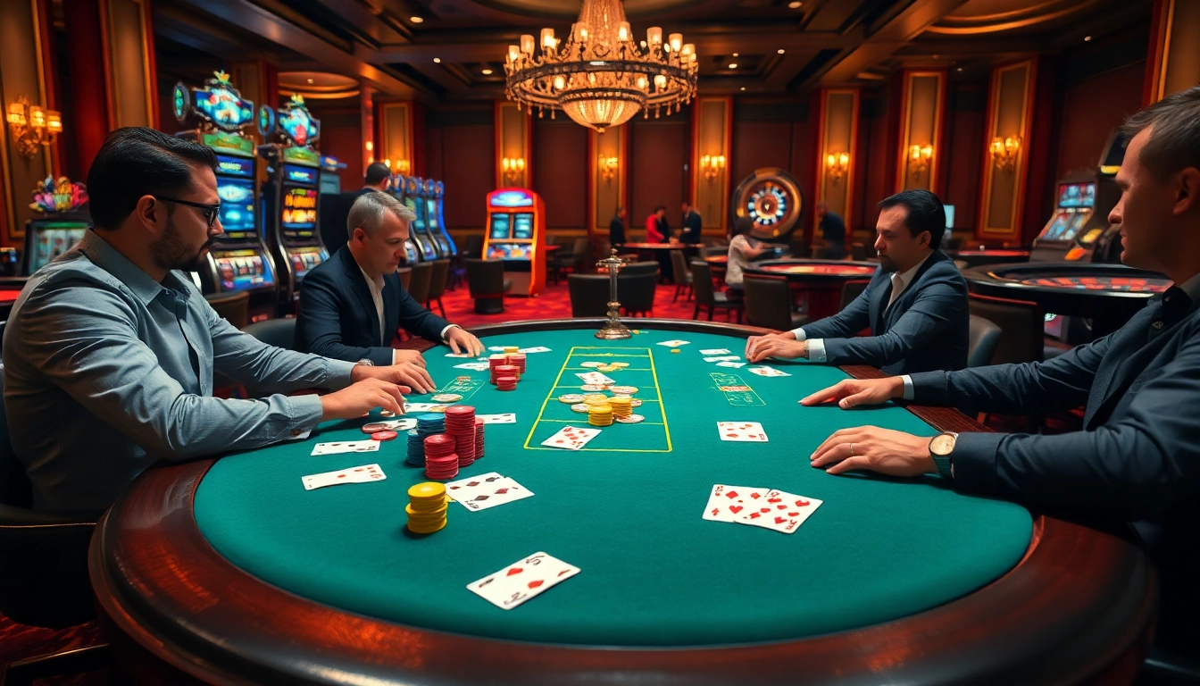Des joueurs de poker élaborent des stratégies à une table luxueuse, illustrant l'excitation du meilleure casino en ligne.