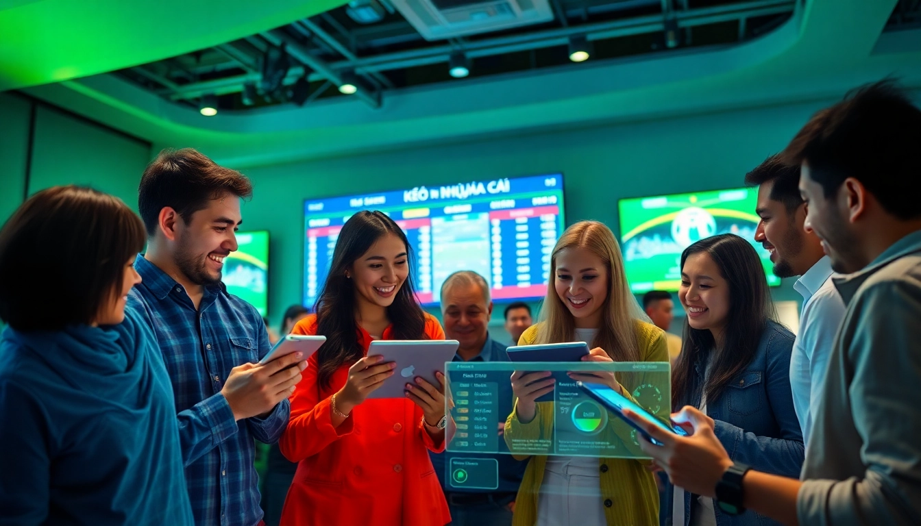 Dynamic scene on kèo nhà cái focusing on sports betting excitement and community.
