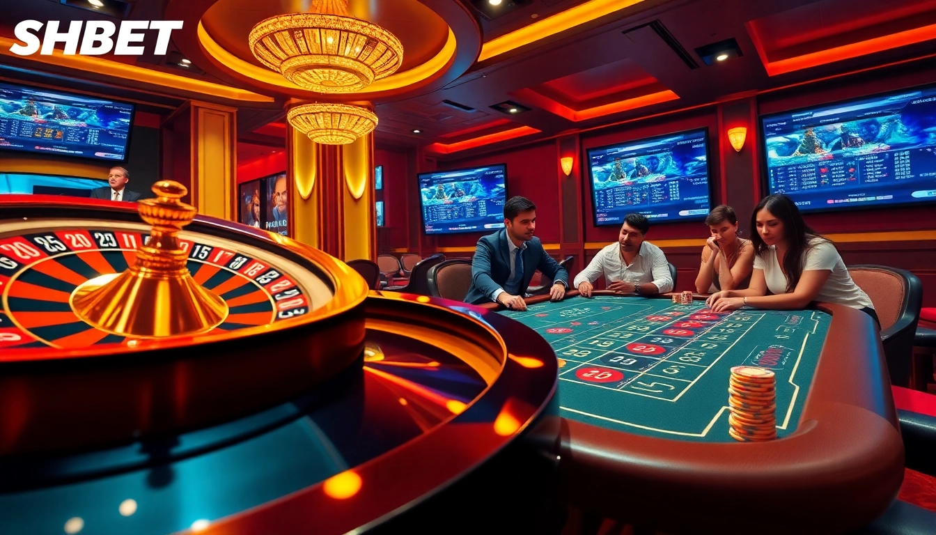 Exciting gaming experience at SHBET with roulette wheel, poker, and betting on esports.