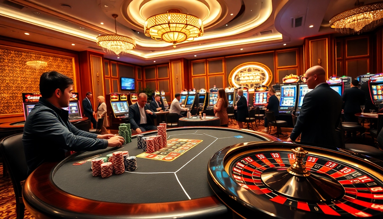 Des joueurs profitant du poker à enjeux élevés et de la roulette dans un environnement de casino fiable en ligne rempli d'excitation.