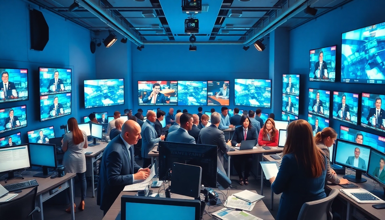 News journalists collaborating in a vibrant newsroom with dynamic updates.