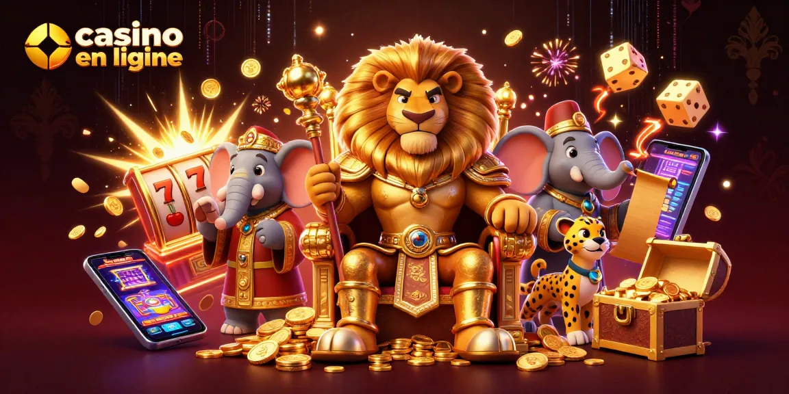 Découvrez le casino en ligne avec cette illustration d'un lion roi entouré de jeux et de richesses.
