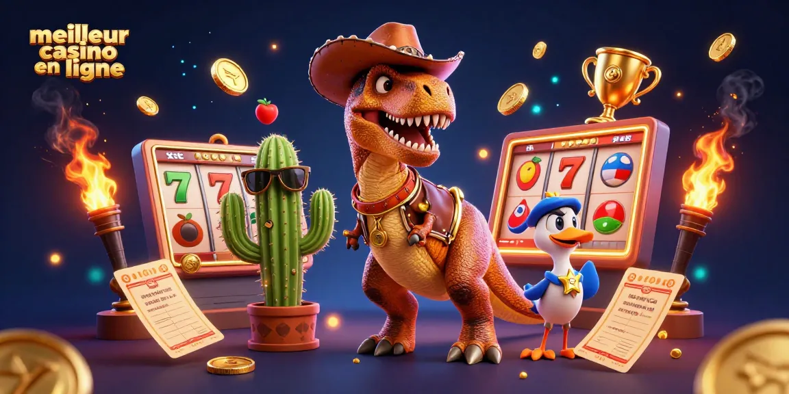 Jouez au meilleur casino en ligne avec cette illustration dynamique mettant en scène un T-Rex cowboy et ses amis.