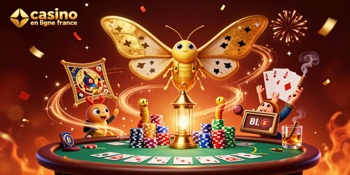 Une illustration de casino en ligne France mettant en scène un papillon et des jeux de poker.