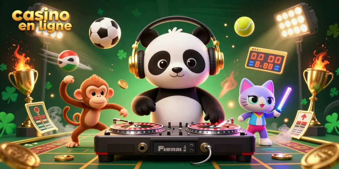 Profitez d'une illustration dynamique de casino en ligne avec un panda DJ, un singe et un chat en soirée.
