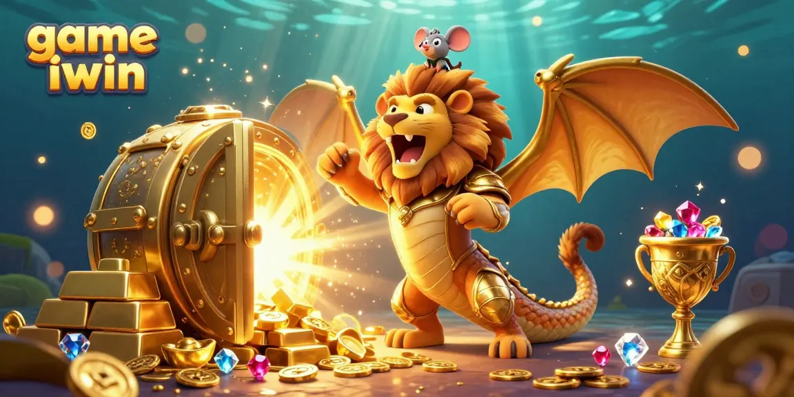 Play game iwin in a vibrant, energetic scene featuring a triumphant chimera and treasures.