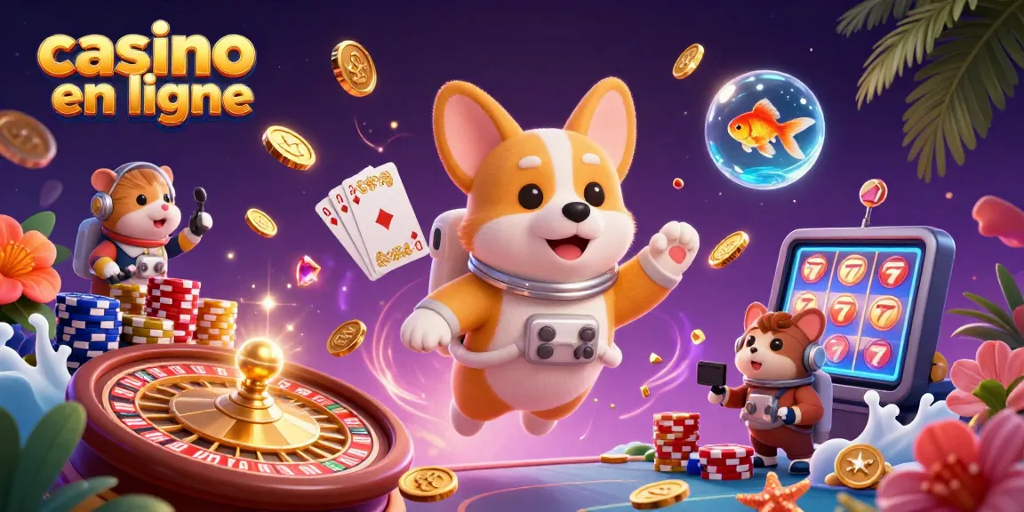 Jouez à des jeux de casino en ligne avec des éléments vibrants, notamment un corgi astronaute et des jetons flottants.