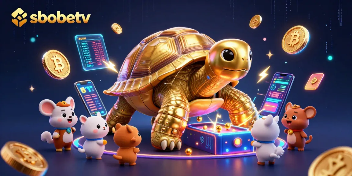 Engage with sbobetv in a lively pinball scene featuring a golden tortoise, crypto coins, and animated gameplay elements.