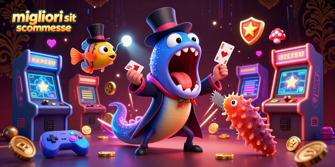 I migliori siti scommesse presentano un'eccentrica scena di gioco animata da pesci marini, macchine arcade e illuminazione vibrante.