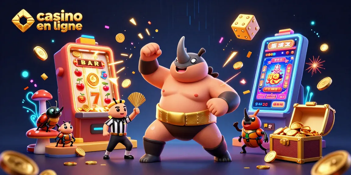 Le casino en ligne vibrant avec une illustration animée d'un scarabée rhinocéros sumo accueillant des jeux et des jackpots.
