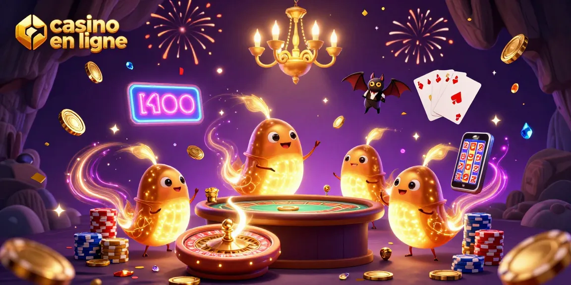 Des lucioles illuminant un casino en ligne avec leurs queues dorées, un croupier chauve-souris en arrière-plan.