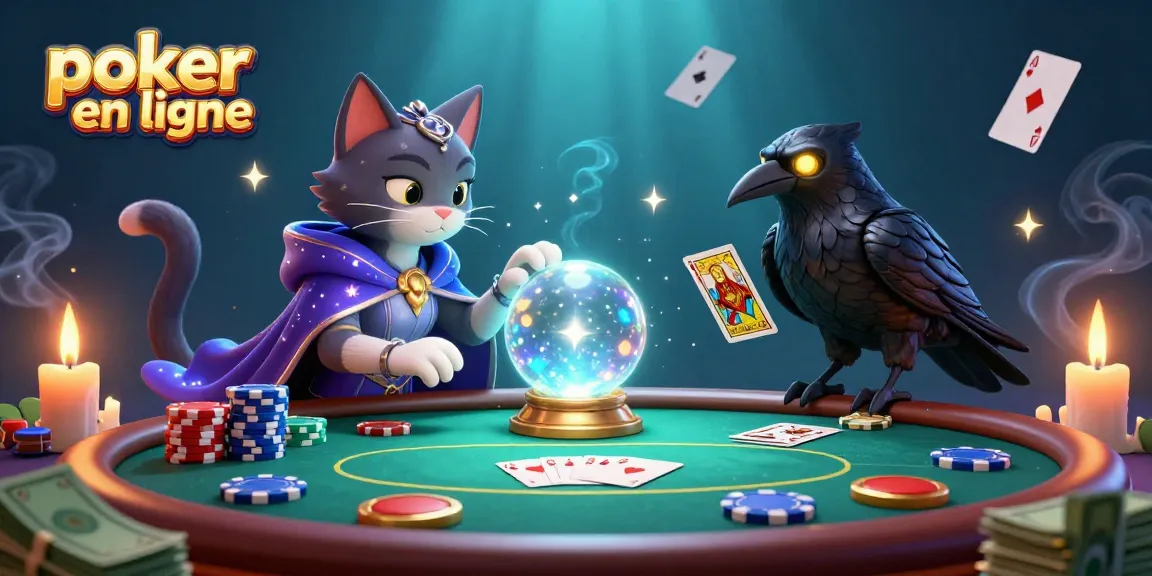 Jouez au poker en ligne avec des cartes, des jetons et des effets mystiques captivants.
