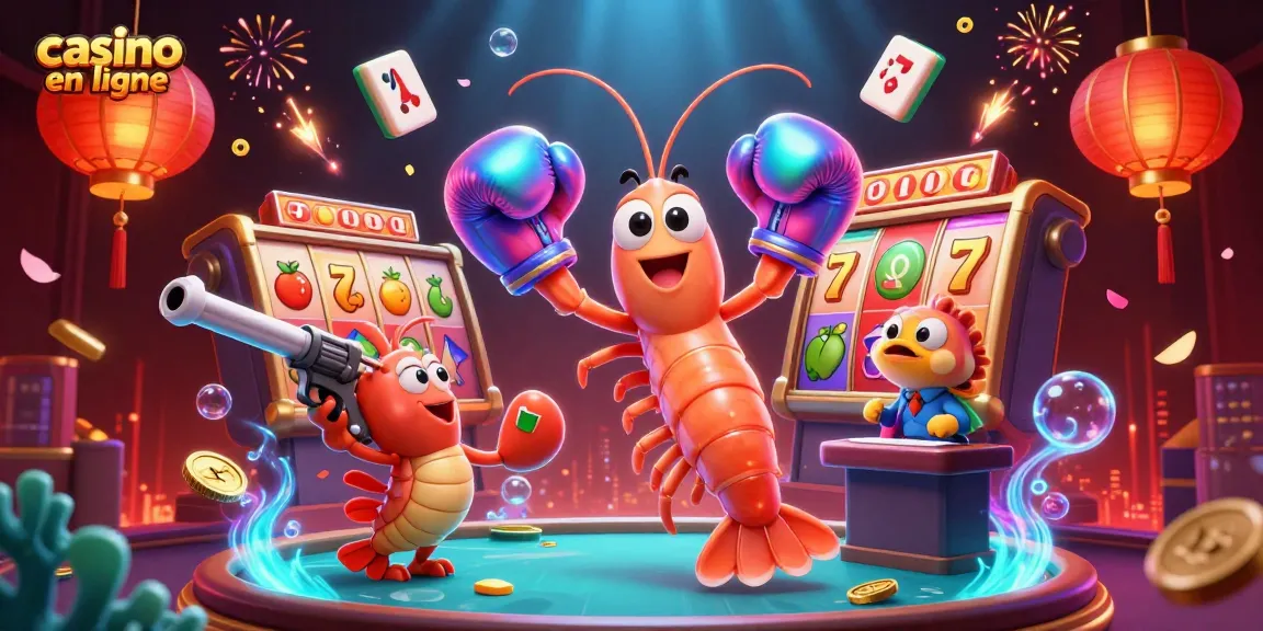 Le casino en ligne spectacle des jeux avec un mantis crevette, son acolyte et des éléments de jeu illuminés.