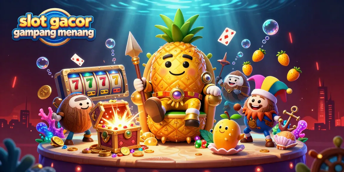 Experience the fun of slot gacor gampang menang with the golden pineapple king surrounded by colorful casino elements.