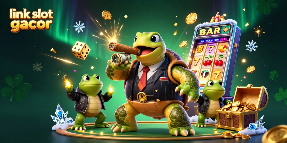 Engage with the vibrant atmosphere of link slot gacor, featuring a cartoon turtle and bullfrog enforcers amid slots and gaming excitement.