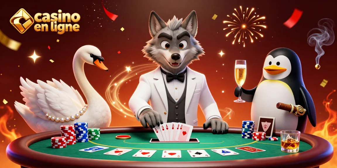 Jouer à des jeux passionnants de casino en ligne avec un loup élégant et un croupier majestueux.