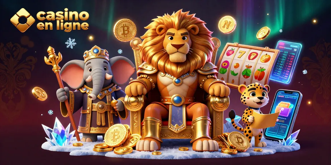 Casino en ligne avec un lion, un éléphant et un guépard entouré de jets de machines à sous.
