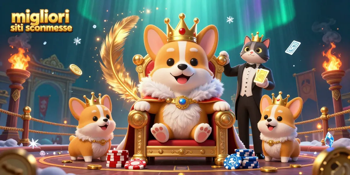 Giochiamo con i migliori siti scommesse mentre un corgi regna su una montagna di chips e carte d'oro.